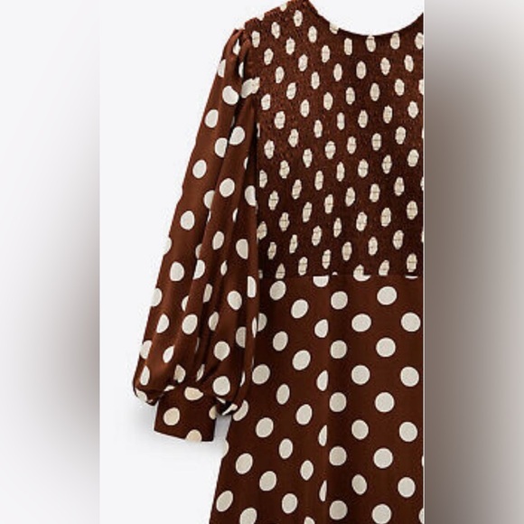 NWT Zara Brown Cream Polka Dot Fit Flare Balloon Midi Dress XS X‎ Small 0 2 - Picture 5 of 7